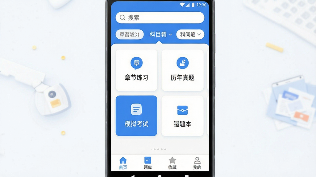 ��������ѧ���� �ֻ�Ӧ��������չʾͼ������������һ����׿�ֻ�����Ļ����ʾˢ��APP��ҳ��������������Ϳ�Ŀ�л����м����½���ϰ���������⡢ģ�⿼�ԡ����Ȿ�ĸ����ܿ�Ƭ���ײ�������Ϊ��ҳ����⡢�ղء��ҵ��ĸ�ͼ�꣬��������ɫ�Ͱ�ɫΪ��ɫ�������ּ������������ִ���ƽ��ϸ��Բ�󣬻��ʸɾ��޶���Ԫ��