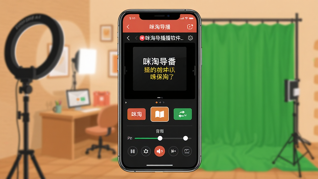 一张展示咪淘导播软件主界面的图片,画面中央是手机屏幕,屏幕上显示着咪淘导播的直播控制台,有提词器滚动窗口、画面切换按钮和音频控制条。背景是温馨的直播间环境,有补光灯和绿幕。风格为现代扁平化设计,细节清晰,画质干净,无多余元素。