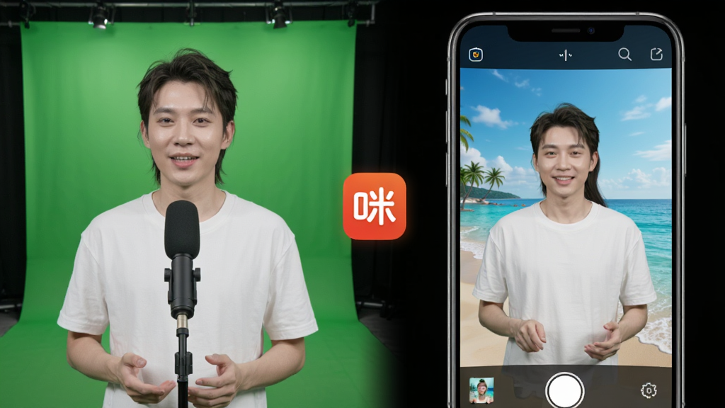 咪淘导播绿幕抠像功能示意图,画面左边是真实人物站在绿幕前,右边是手机屏幕里显示人物已经被抠出并放置在美丽的虚拟海边背景中,画面中有咪淘导播的软件标识,风格为对比展示图,细节清晰,画质干净,无多余元素。