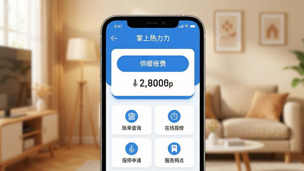 掌上热力APP主界面全貌展示,手机屏幕中央显示掌上热力APP的蓝色主色调界面,顶部是用户所在小区的供热公司名称,中间醒目位置是供暖缴费按钮和当前账单金额,下方依次排列账单查询、在线报修、报停申请、服务网点四个功能图标,界面干净整洁无广告弹窗,背景是柔和的暖色调家居环境,风格现代简约扁平化,细节圆润清晰,画质干净无多余元素