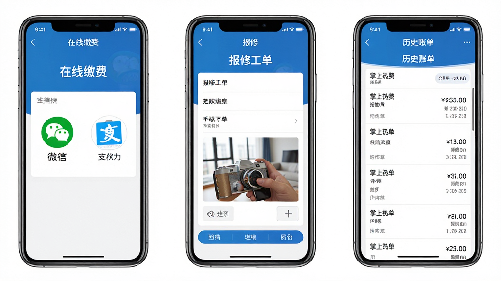 掌上热力APP功能展示图,画面分为三个并排的手机屏幕截图,左侧屏幕显示在线缴费页面带有微信支付宝图标,中间屏幕显示报修工单填写界面有照片上传区域,右侧屏幕显示历史账单列表带有金额和日期,三张截图统一使用掌上热力APP的蓝色主题色,背景为白色简洁风格,画质高清干净无多余元素