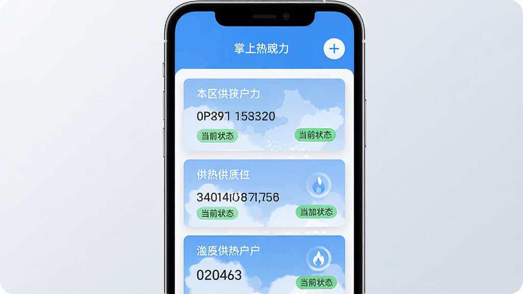 掌上热力APP多户号管理界面展示,手机屏幕显示掌上热力APP的户号列表页面,三个不同小区的供热户号卡片依次排列,每张卡片上有小区名称、户号尾号、当前状态标签,顶部有添加新户号的加号按钮,界面风格清爽蓝色调,背景为浅灰渐变,画质干净无多余元素
