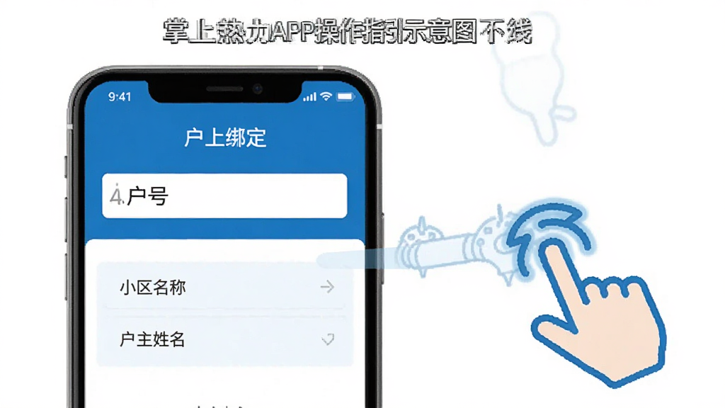 掌上热力APP操作指引示意图,手机屏幕显示掌上热力APP的户号绑定页面,页面上方有输入户号的文本框,下方有小区名称和户主姓名的确认区域,旁边有手指点击的图标示意操作步骤,界面采用蓝色主题色搭配白色背景,风格简洁清晰,画质干净无多余元素