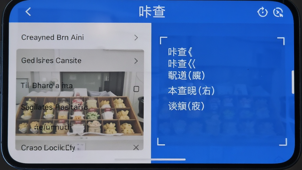 手机屏幕显示“咔查”的多语言识别界面,左侧是英文菜单照片,右侧是识别出的中文翻译文本,界面以蓝白为主色调,布局清晰,风格简洁,画质细腻
