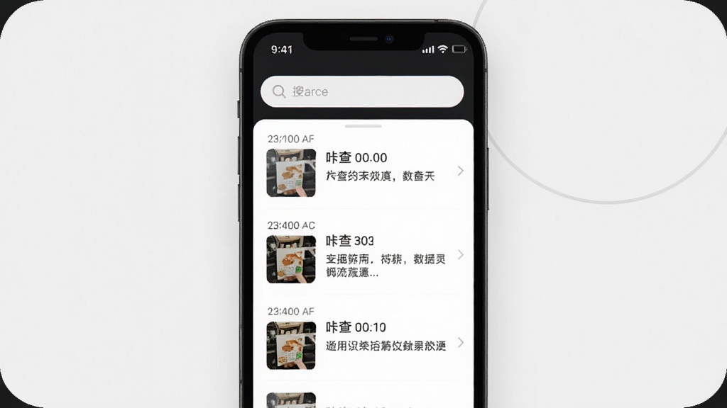 手机屏幕展示“咔查”的历史记录页面,列表里有多条识别记录,每条记录显示时间、缩略图和文字摘要,顶部有搜索框,界面干净,布局整齐,风格现代