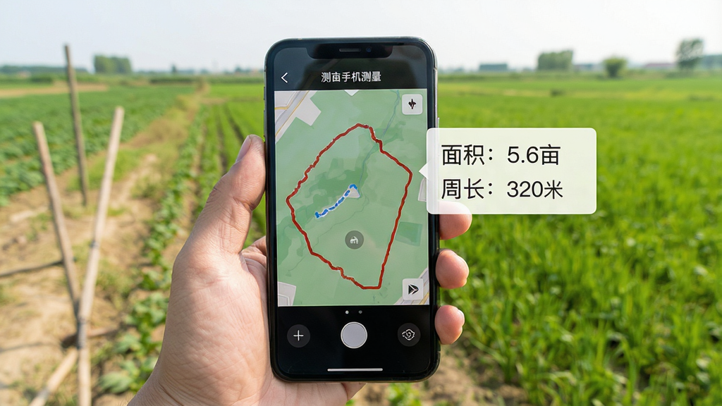 “测亩手机测量”应用界面,显示用户在田间手持手机行走,手机屏幕上的地图轨迹正在绘制一个不规则多边形,旁边有“面积:5.6亩”“周长:320米”的数据浮窗,光线明亮,农田背景,写实风格,画质干净