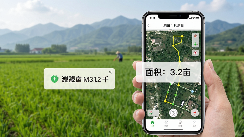 “测亩手机测量”应用在户外农田环境中的使用场景,手机屏幕显示卫星地图和测量轨迹,旁边有“面积:3.2亩”的结果弹窗,背景是绿色农田和远山,自然光线,写实风格,画质清晰