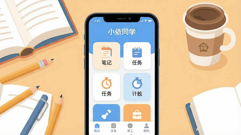 一张展示小依同学APP核心全貌的场景图,画面中央是一部智能手机,屏幕显示小依同学APP的主界面,界面顶部有“小依同学”文字标识,中间是功能卡片式布局,包含笔记、任务、计时器等图标,底部导航栏清晰,手机周围散落着书本、铅笔、咖啡杯等学习元素,背景是温暖的书桌场景,风格清新扁平化,细节圆润,画质干净明亮,无多余杂乱元素
