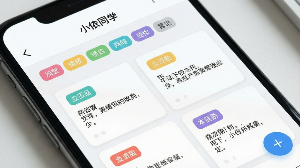 一张展示小依同学APP笔记管理界面的特写图,手机屏幕显示富文本编辑页面,顶部有“小依同学”字样,页面中有彩色标签分类栏,笔记内容以卡片形式排列,每张卡片带有不同颜色标签和简短摘要,界面右侧有悬浮的添加按钮,整体布局简洁有序,风格现代扁平,画质清晰干净,无多余装饰元素
