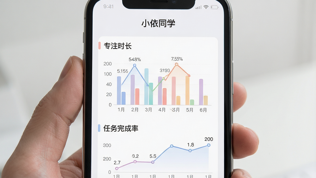 一张展示小依同学APP数据统计看板界面的场景图,手机屏幕显示数据看板页面,顶部有“小依同学”文字,页面中包含柱状图和折线图,分别展示专注时长和任务完成率,图表颜色柔和,数据标签清晰,背景为浅色,布局规整,风格现代简约,画质干净,无多余元素