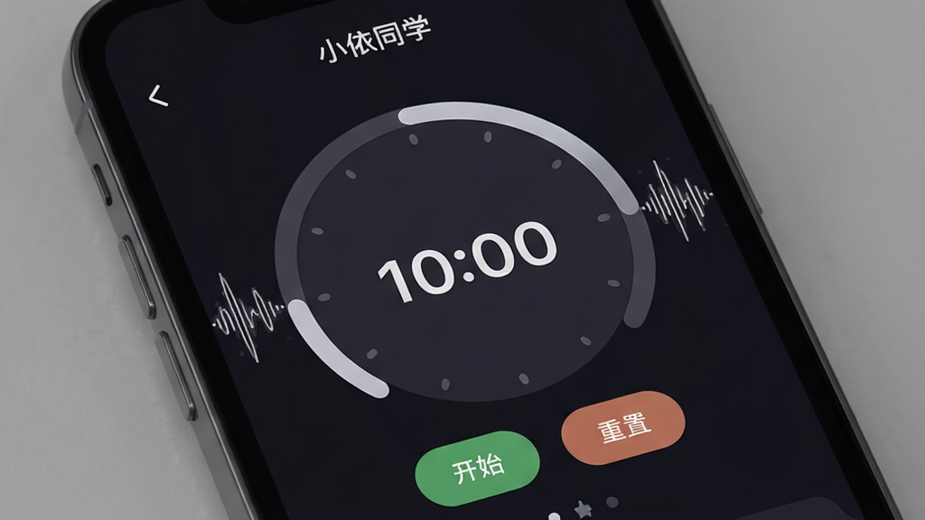 一张展示小依同学APP专注计时器界面的特写图,手机屏幕显示圆形计时器表盘,顶部有“小依同学”字样,表盘中央显示剩余时间数字,下方有开始和重置按钮,背景是深色护眼模式,界面周围有微弱的白噪音波形装饰,风格沉稳专注,画质干净,无多余元素