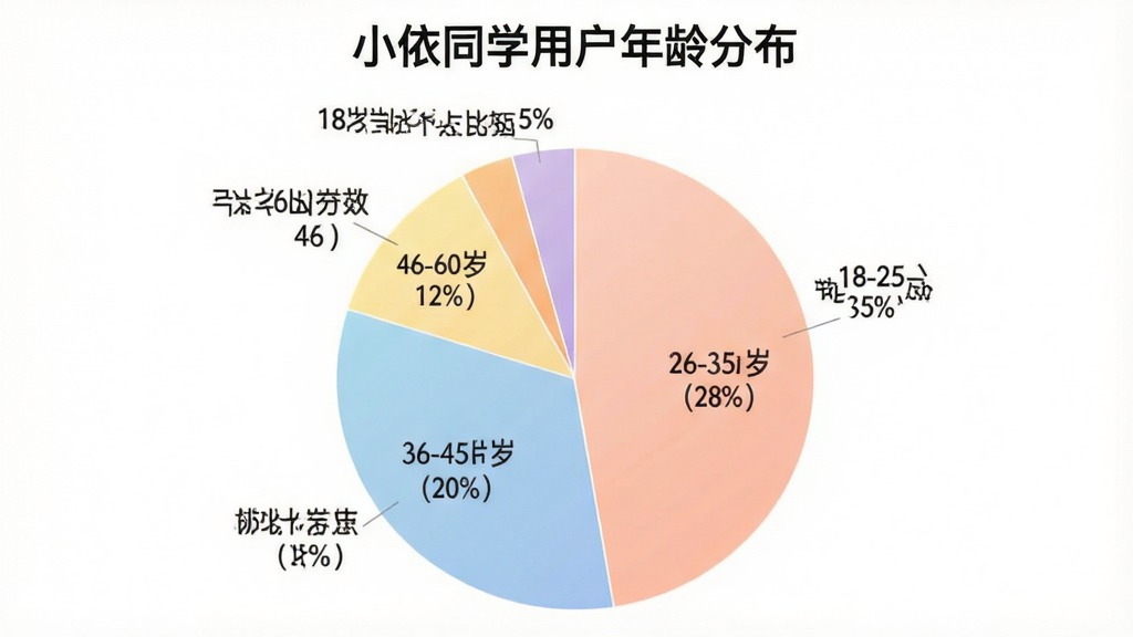 一张展示小依同学APP用户年龄分布的饼状图,图表标题为“小依同学用户年龄分布”,图中显示18-25岁占比35%,26-35岁占比28%,36-45岁占比20%,46-60岁占比12%,18岁以下占比5%,图表配色柔和,数据标签清晰,背景为白色,风格简洁专业,画质干净,无多余元素