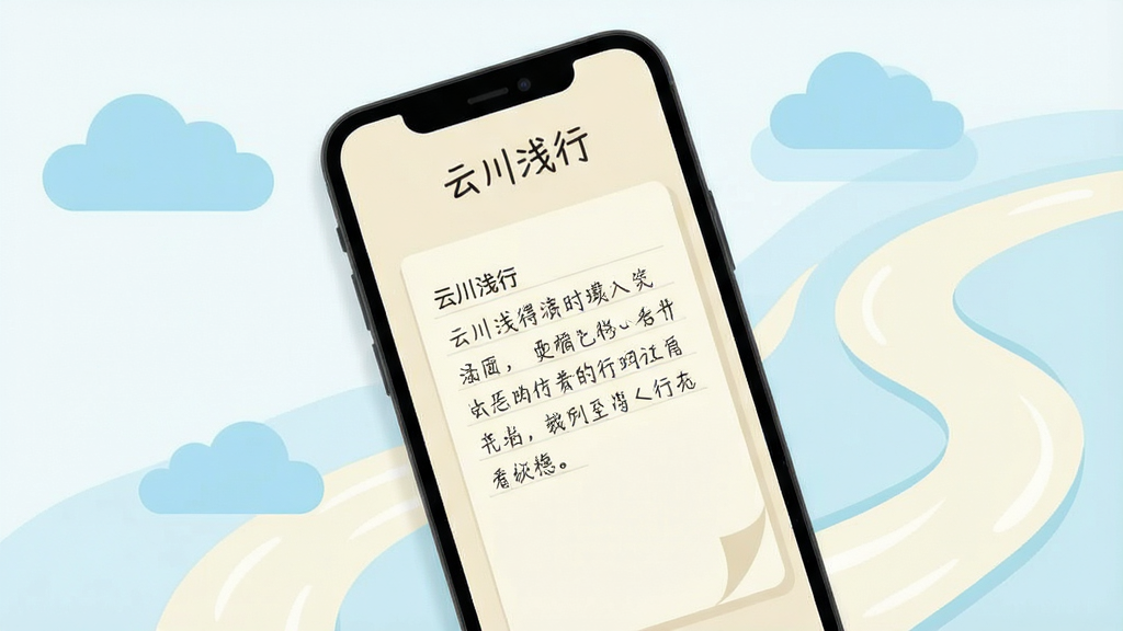 一张展示手机屏幕的图片,屏幕中显示一个名为“云川浅行”的App界面。界面主体是一个简洁的记事本,背景是淡雅的米白色,上面有几行整齐的手写体文字。屏幕顶部有“云川浅行”四个字。手机周围散落着几片浅蓝色的云朵和一条弯曲的浅色河流图案,风格清新治愈,扁平化设计,细节干净,画质清晰,无多余元素。