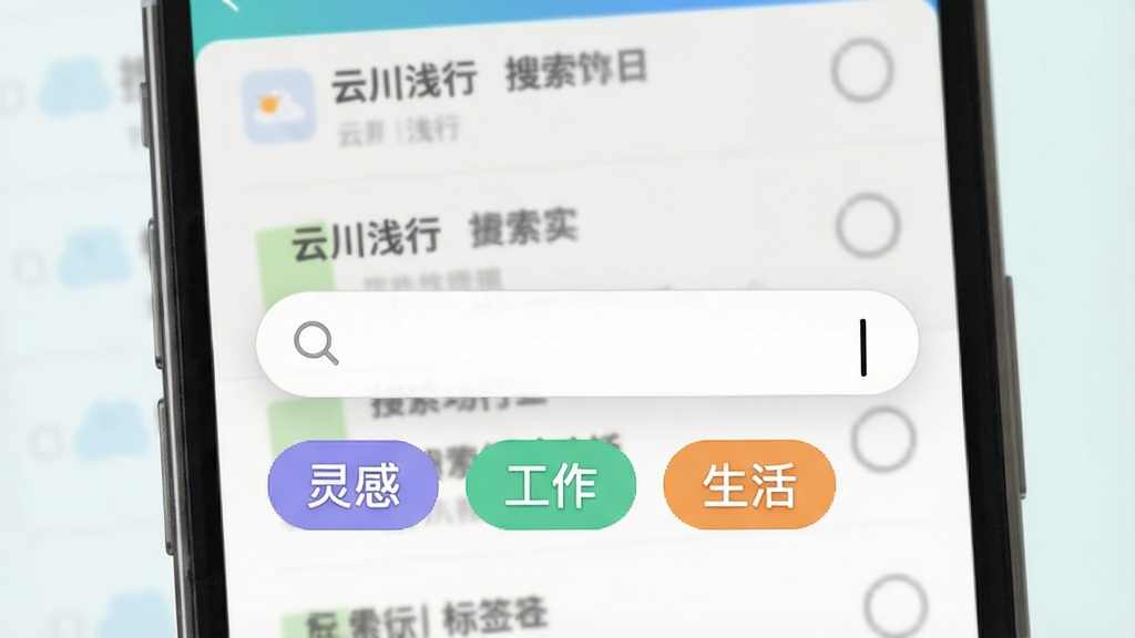 一张展示“云川浅行”App搜索与标签功能的图片。手机屏幕中央是一个搜索框,里面有光标闪烁。搜索框下方是几个彩色标签,分别写着“灵感”、“工作”、“生活”。屏幕背景是模糊的笔记列表,显示搜索功能正在快速筛选内容。风格现代扁平,配色清新,画质干净,无多余元素。