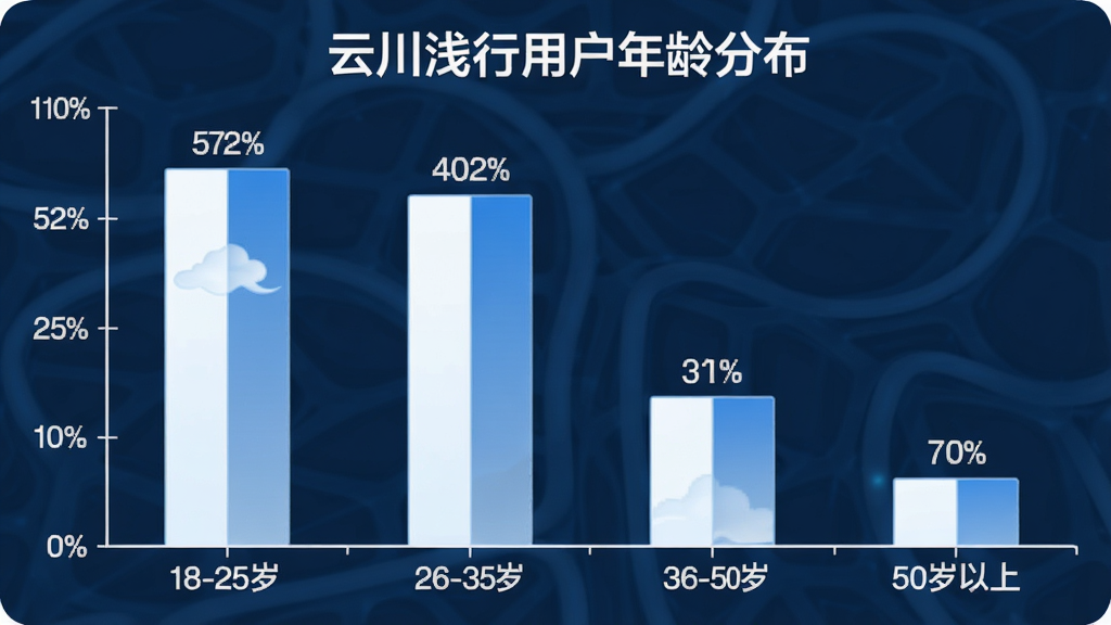 一张展示“云川浅行”用户年龄分布的柱状图。横轴是年龄段:18-25岁、26-35岁、36-50岁、50岁以上。纵轴是用户占比百分比。柱状图显示18-25岁和26-35岁最高,36-50岁次之,50岁以上最低。图表风格简洁,配色使用App主题的蓝白色调,数据标签清晰,画质干净,无多余元素,标题为“云川浅行用户年龄分布”。