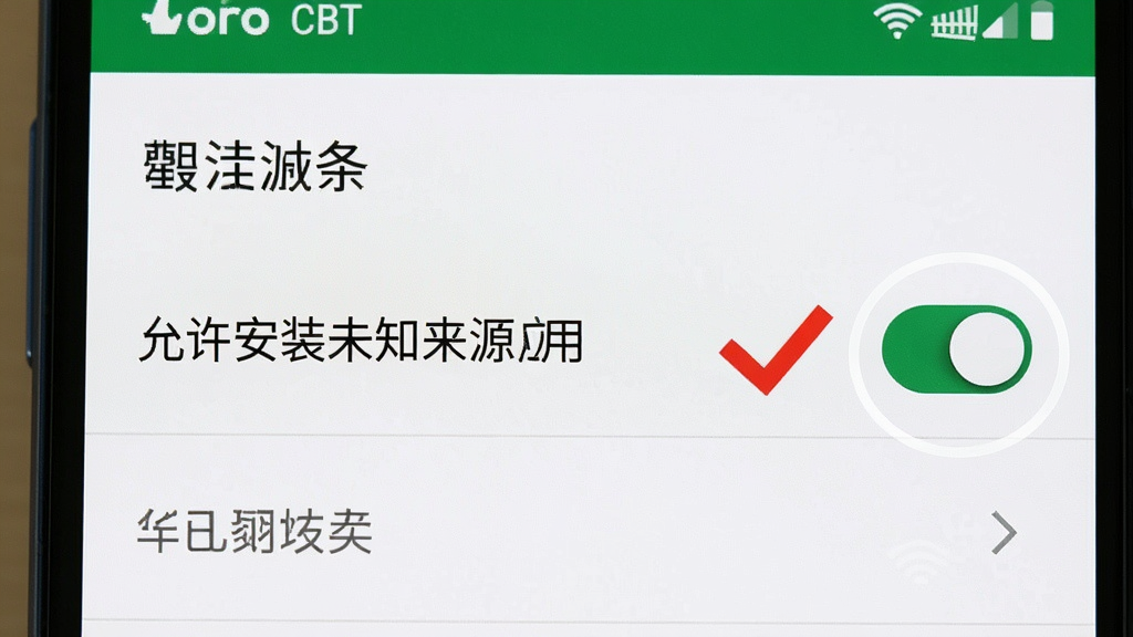 一张展示手机设置界面的图片,重点突出“允许安装未知来源应用”的开关按钮,旁边有一个红色的对勾表示已开启。背景是安卓系统的设置菜单,风格清晰明了,画质干净,无多余元素。