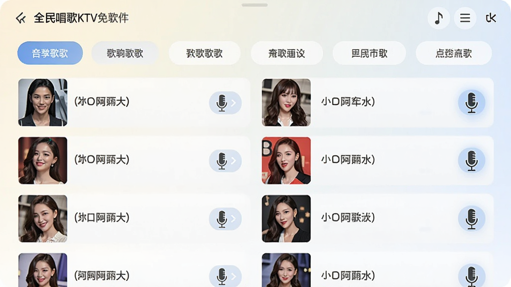 ȫ�񳪸�KTV��������ڵĵ����棬չʾ������������ǩ�͸����б���ÿ�׸����Ҳ�����˷�ͼ�꣬���汳��Ϊǳɫ���䣬��������죬���ʸɾ��޶���Ԫ��