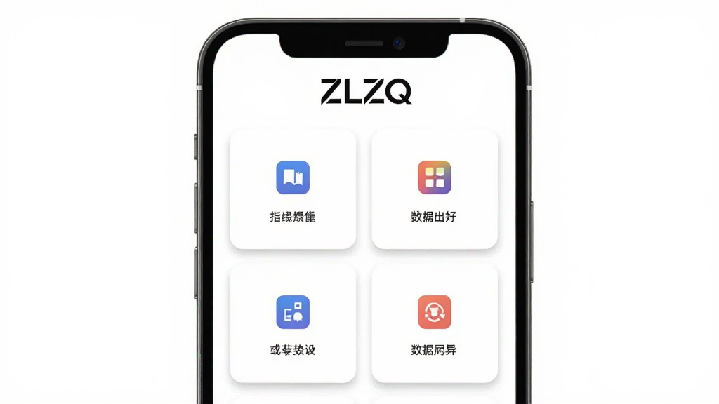 ������һ���ֻ�Ӧ���������ͼ�����涥���ǡ�ZLZQ����Logo���м����ĸ��������еĹ��ܿ�Ƭ�����������½ṹ������Ǽ����ƽ����ƣ�ϸ���Ͽ�Ƭ������΢��Ӱ��Բ�ǣ�����Ϊ����ɫ�����������������޶���Ԫ��