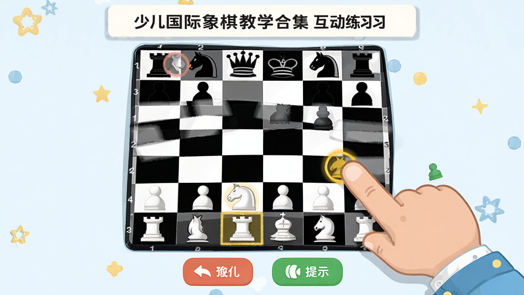 少儿国际象棋教学合集互动练习界面,主体是儿童手指拖动棋子完成将杀题目的场景,布局上方显示题目提示,中间是棋盘,下方有撤销和提示按钮,排版简洁,风格卡通扁平,细节上棋盘有高亮落子点,画质干净无多余元素