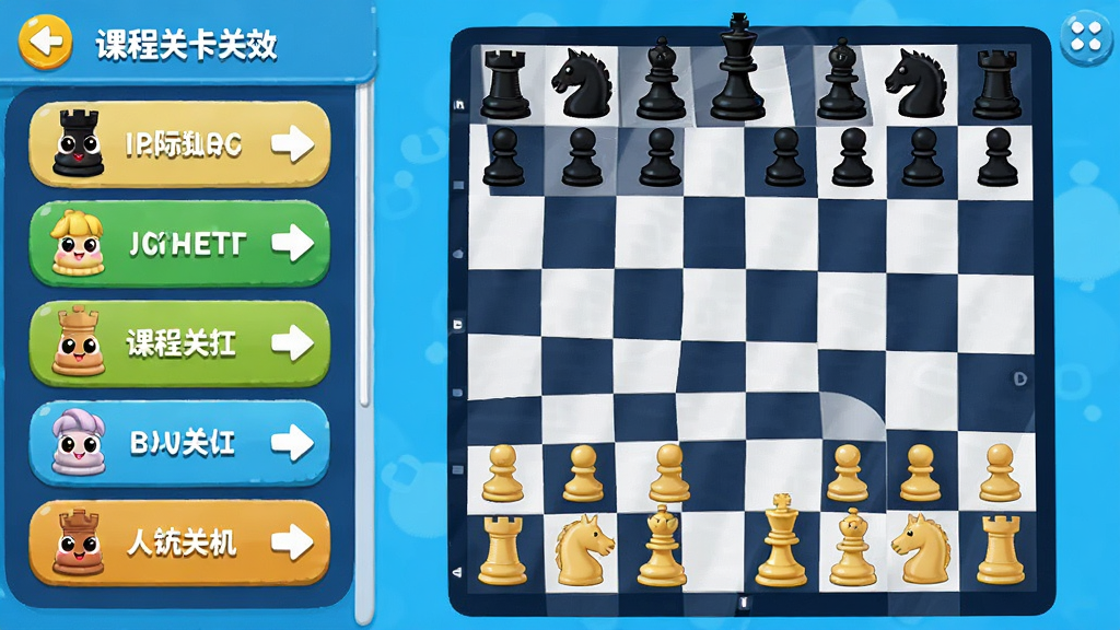少儿国际象棋教学合集软件主界面,主体是卡通风格的国际象棋棋盘和可爱的棋子角色,布局左侧为课程关卡列表,右侧为棋盘互动区,排版清晰适合儿童操作,风格明亮活泼,细节上棋子带有拟人化表情,画质干净高清,无多余元素