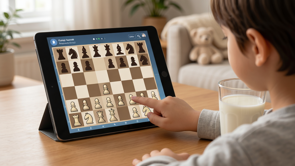 少儿国际象棋教学合集在平板上的使用场景,主体是儿童坐在桌前用平板学棋,布局平板屏幕显示棋盘和课程界面,旁边放着一杯牛奶,排版自然,风格温馨居家,细节上儿童手指正点在棋子上,画质柔和干净,无多余元素