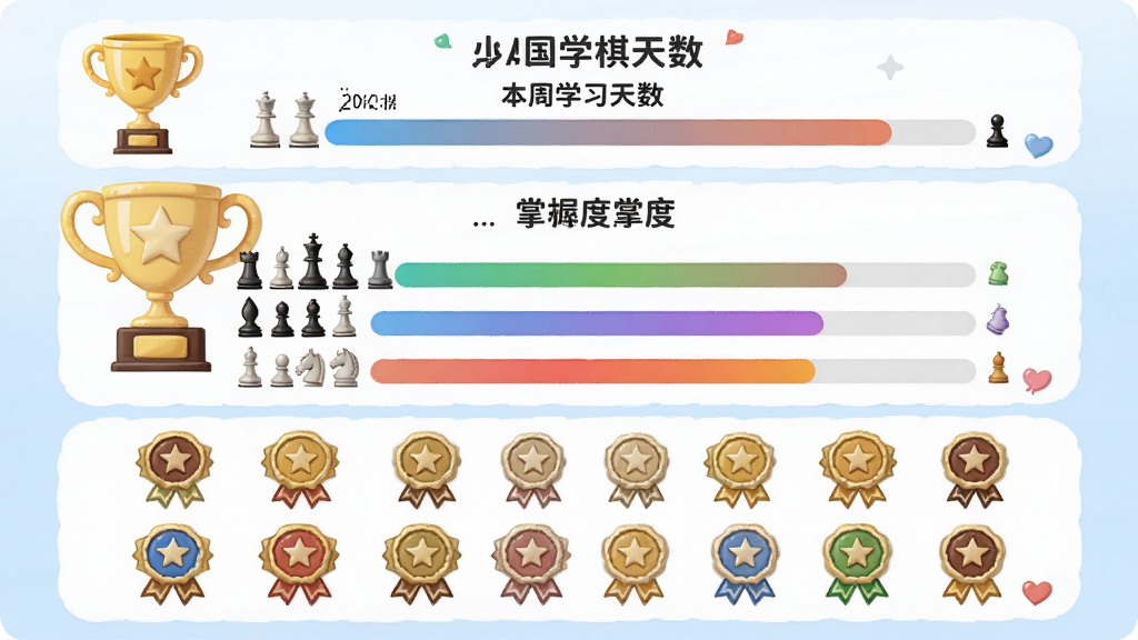 少儿国际象棋教学合集学习报告页面,主体是儿童学习数据图表和奖杯图标,布局上方是本周学习天数,中间是各棋子掌握度进度条,下方是成就徽章墙,排版清爽,风格可爱,细节上进度条有渐变色,画质干净无多余元素