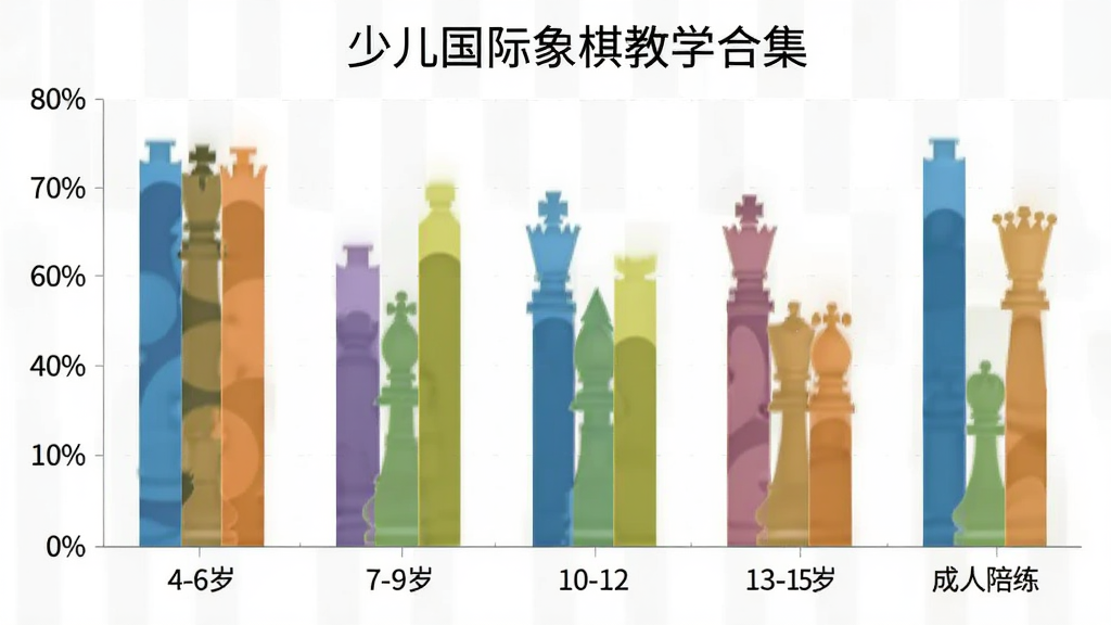 少儿国际象棋教学合集用户年龄分布柱状图,主体是不同年龄段用户占比数据,布局横轴为4-6岁、7-9岁、10-12岁、13-15岁、成人陪练,纵轴为百分比,排版清晰,风格简洁商务,细节上柱体颜色区分明显,画质干净无多余元素