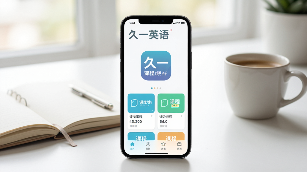 一张展示久一英语App主界面的全景图,画面中央是手机屏幕,屏幕内显示久一英语的Logo和简洁的课程卡片布局,背景是柔和的书桌场景,有笔记本和咖啡杯,风格清新明亮,细节清晰,画质干净,无多余元素。