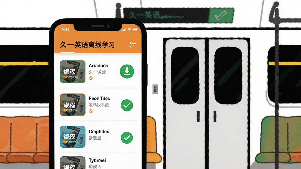 一张久一英语离线学习功能的展示图,画面中手机屏幕显示已下载的课程列表,旁边有地铁车厢的简笔背景,屏幕上有下载完成的绿色对勾图标,风格扁平化设计,色彩对比鲜明,排版整洁,画质干净,无多余元素。