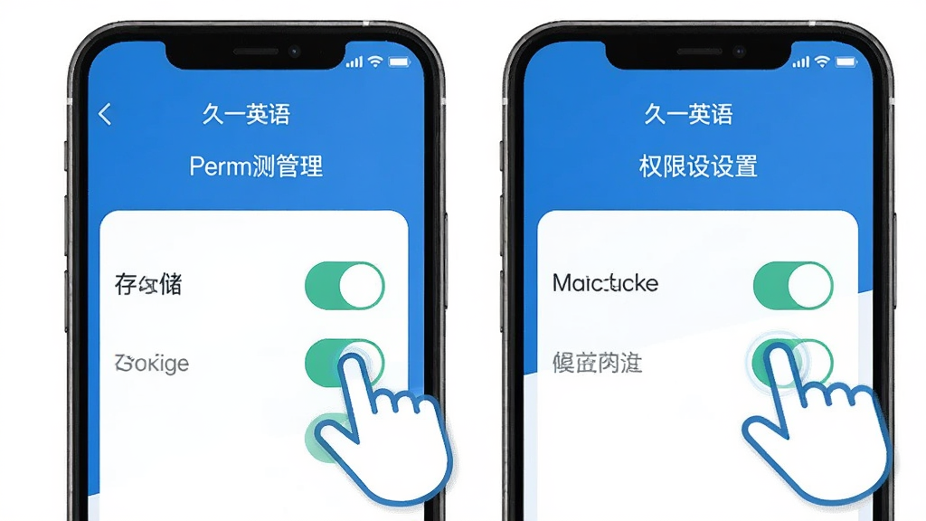一张展示久一英语在手机上安装和权限设置界面的示意图,画面中手机屏幕显示权限管理页面,有存储和麦克风权限的开关按钮,旁边有手指点击的图标,风格简洁科技感,色彩以蓝白为主,排版清晰,画质干净,无多余元素。