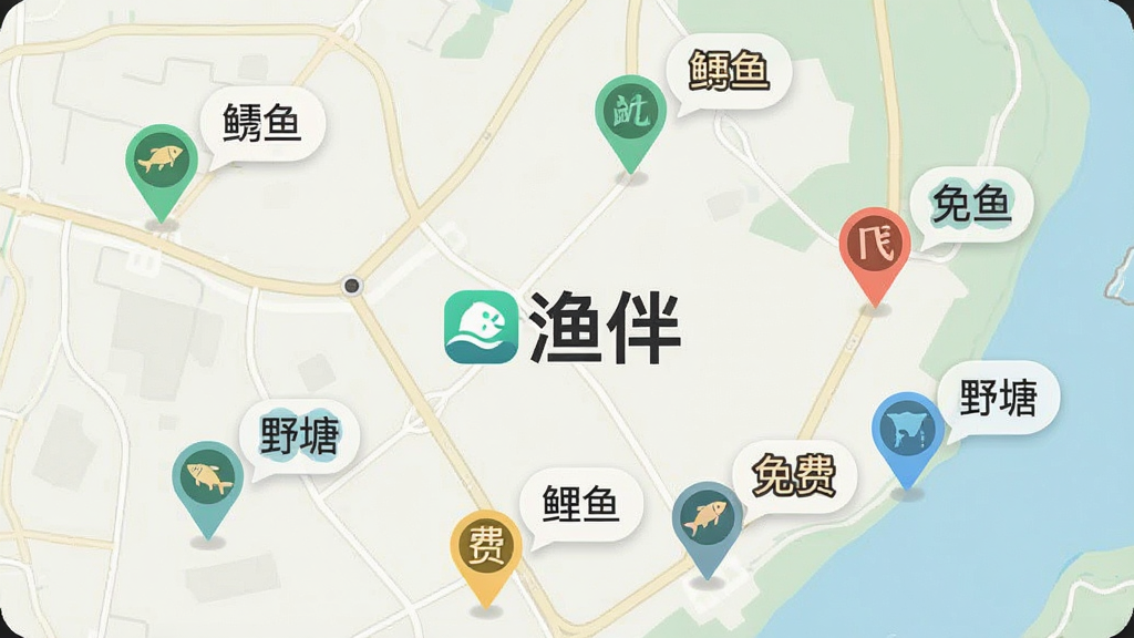 一张手机地图截图风格的画面,地图上散布着多个钓鱼标记点,每个标记点旁边有小气泡显示“鲫鱼”“鲤鱼”“免费”“野塘”等标签,画面中央有“渔伴”Logo,背景是浅色地图纹理,风格简洁现代,细节清晰,画质干净