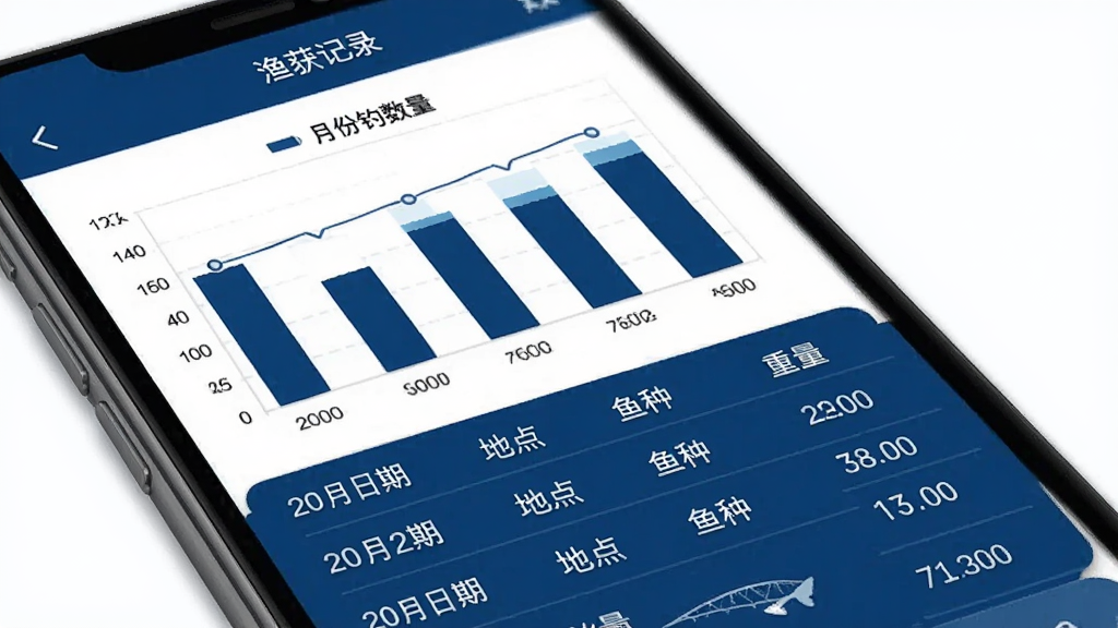 手机屏幕显示“渔获记录”页面,上方是柱状图展示不同月份的钓获数量,下方是列表展示每次钓鱼的详情,包括日期、地点、鱼种和重量,界面以深蓝色和白色为主,图表清晰,风格专业简洁,画质干净