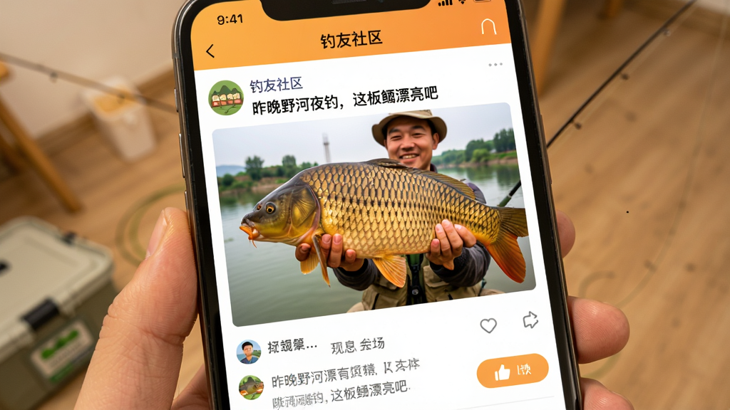 手机屏幕显示“钓友社区”信息流页面,帖子配图是钓友手持大鲤鱼的照片,帖子标题写着“昨晚野河夜钓,这板鲫漂亮吧”,下方有评论区和点赞按钮,界面风格类似主流社交平台,暖色调,细节丰富,画质干净
