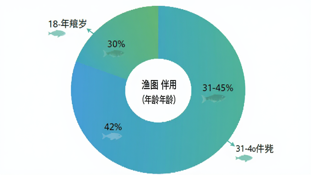 一张饼状图展示“渔伴”用户年龄分布,18-30岁占28%,31-45岁占42%,46-60岁占30%,图表颜色为蓝绿渐变,背景白色,风格简洁专业,画质干净
