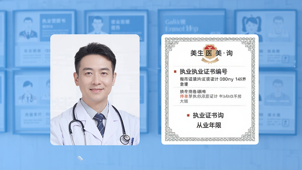 美呗医美App内医生资质查询页面,画面中一位穿着白大褂的医生头像旁清晰展示执业证书编号与从业年限,背景是简洁的蓝色调资质墙,排版工整,风格严谨专业,画质干净,无多余装饰元素