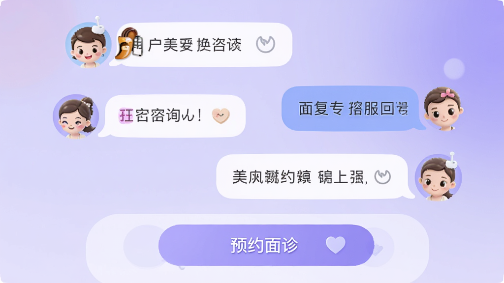美呗医美App在线咨询聊天界面,左侧是用户提问气泡,右侧是专业客服回复气泡,界面底部有预约面诊按钮,背景为柔和的渐变紫色,图标设计圆润可爱,整体风格轻松友好,画质干净无干扰