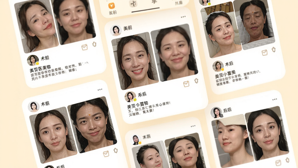 美呗医美App内用户变美日记分享页面,展示多张术前术后对比图卡片,卡片上带有用户头像与文字描述,背景为温暖的浅色系,布局错落有致,风格真实亲切,画质清晰,无杂乱广告元素