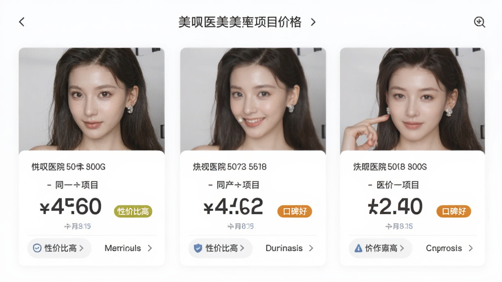 美呗医美App项目价格对比列表页,页面中并列展示三家医院的同一项目报价卡片,价格数字醒目,旁边有“性价比高”“口碑好”等标签,背景为干净的白色,排版对齐工整,风格商务简洁,画质清晰无噪点