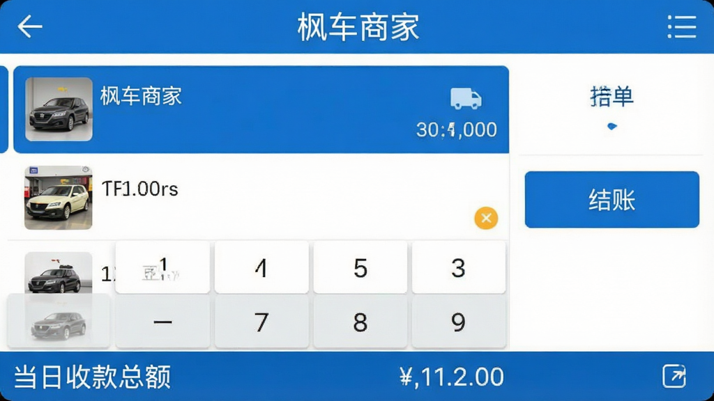 一张枫车商家APP收银界面的截图,顶部显示“枫车商家”字样,中间是商品列表和数字键盘,右侧有挂单和结账按钮,底部显示当日收款总额,风格简洁商务,蓝白配色,画质清晰无杂乱