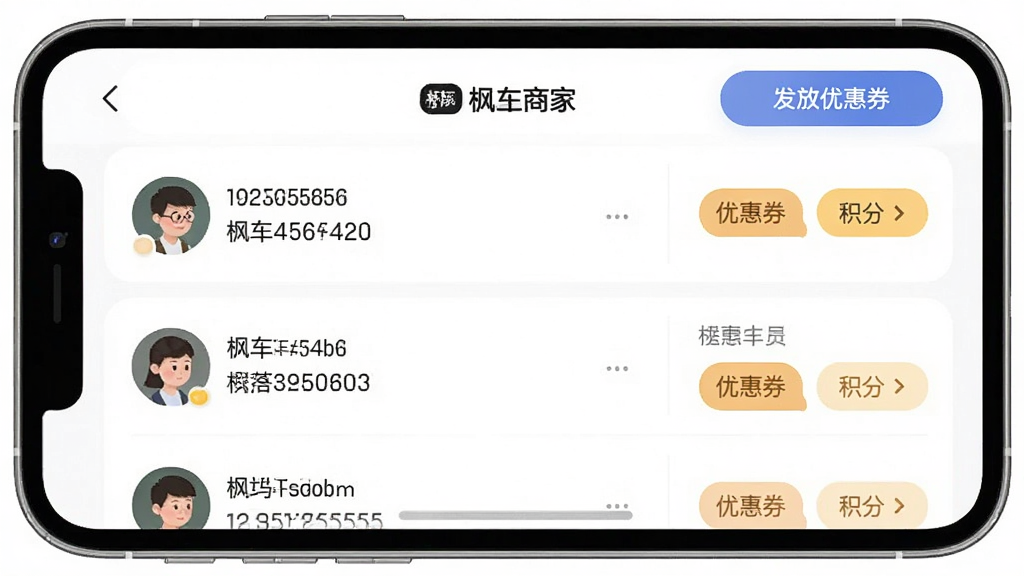 一张枫车商家APP会员管理界面的手机截图,画面显示“枫车商家”会员列表,每个会员有头像和手机号,旁边有优惠券和积分标签,顶部有“发放优惠券”按钮,风格清爽,细节圆润,画质干净