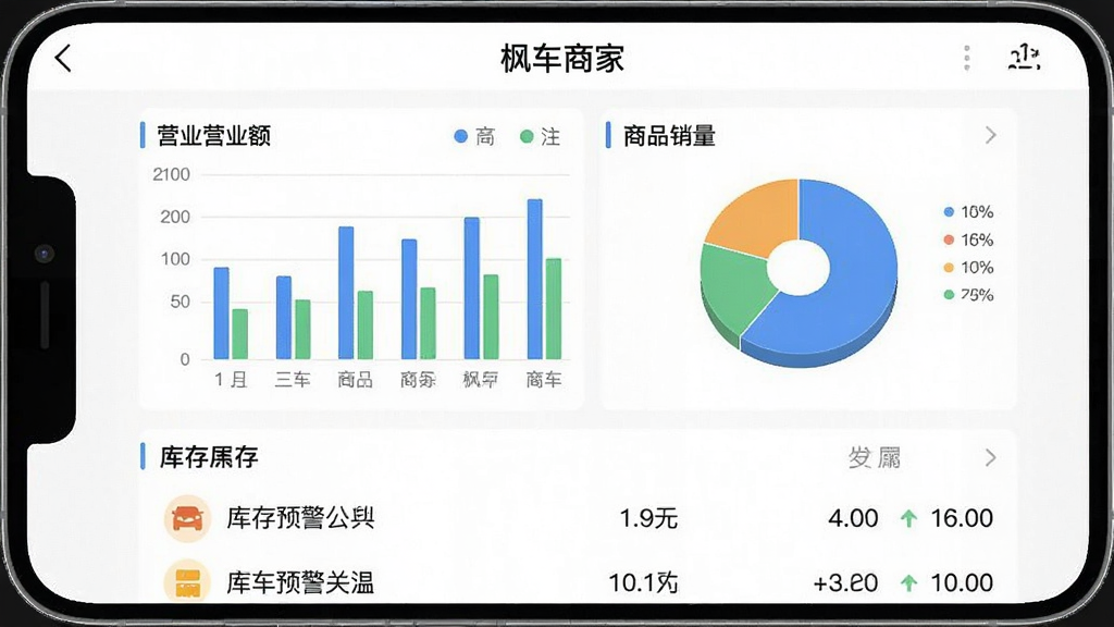 一张枫车商家APP的数据统计页面手机截图,页面显示“枫车商家”标题,有柱状图和饼状图展示营业额和商品销量,下方有库存预警列表,界面设计干净,数据可视化清晰,风格现代