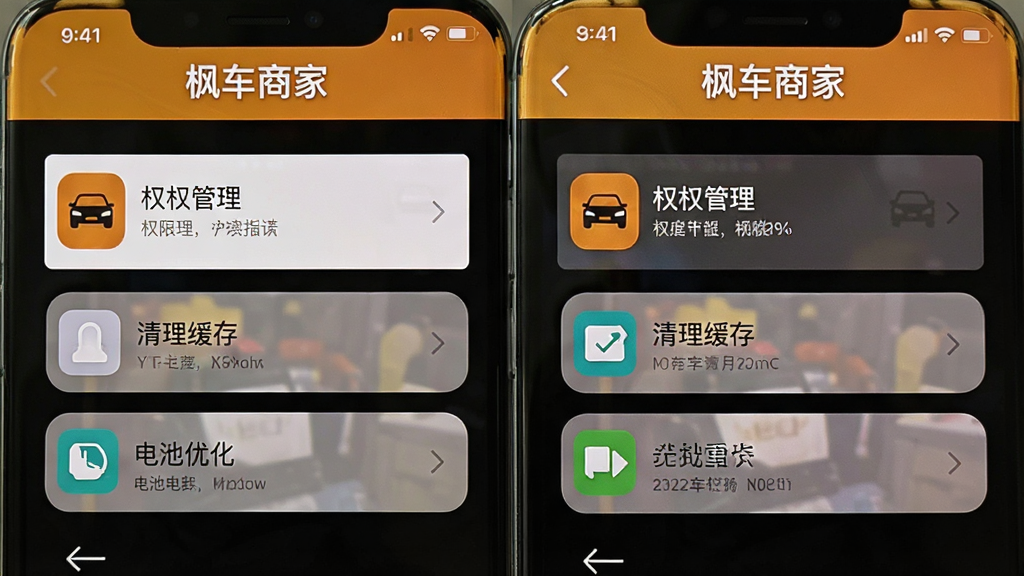 一张手机屏幕显示枫车商家APP设置界面的截图,画面中有权限管理、清理缓存、电池优化等选项,顶部有“枫车商家”字样,风格简洁,图标清晰,画质干净