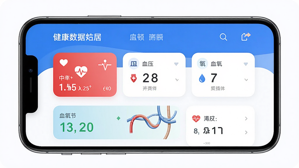 ����ҽ��App������չʾ���ֻ���Ļ������ʾ�������ݿ��壬�������ʡ�Ѫѹ��Ѫ����ָ�꿨Ƭ�����岼��������������ɫ������ִ���࣬���ʸɾ��޶���Ԫ��