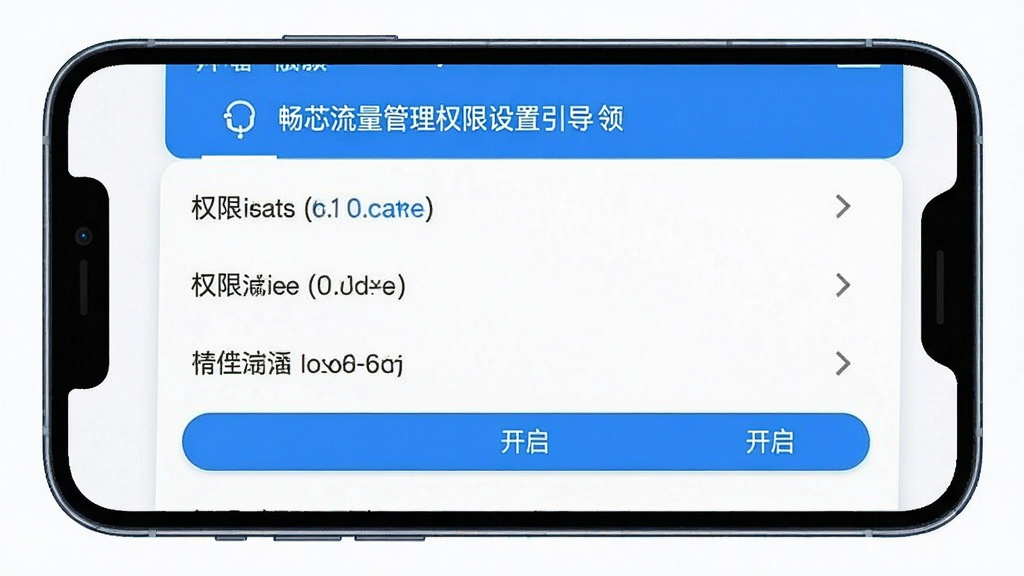 畅芯流量管理权限设置引导界面,手机屏幕展示权限列表和开启按钮,布局清晰,风格简约,蓝白配色,画质干净,无多余元素