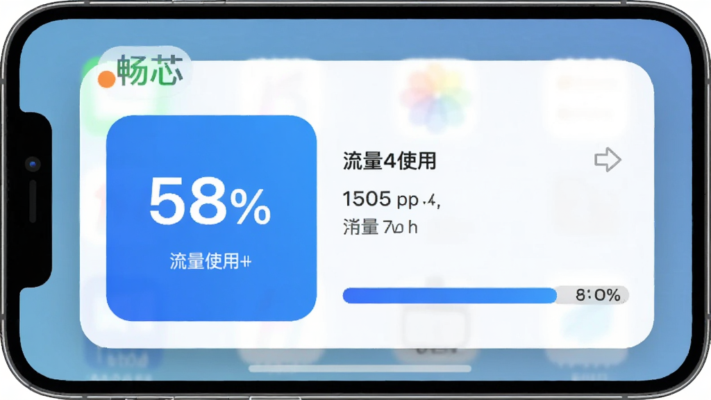 畅芯流量管理桌面小组件展示,手机主屏幕画面,小组件显示流量使用百分比和进度条,布局整齐,风格现代,蓝白配色,画质干净,无多余元素