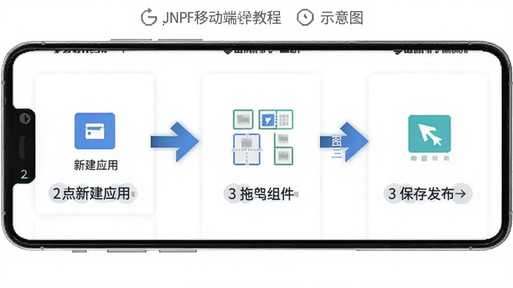 JNPF�ƶ��˲����̳�ʾ��ͼ���ֻ���Ļ��ʾ�ֲ�����ָ������һ������½�Ӧ�ã��ڶ�����ק��������������淢���������ü�ͷ�����ֱ�ע���裬�������ֱ�ۣ����ʸɾ��޶���Ԫ��