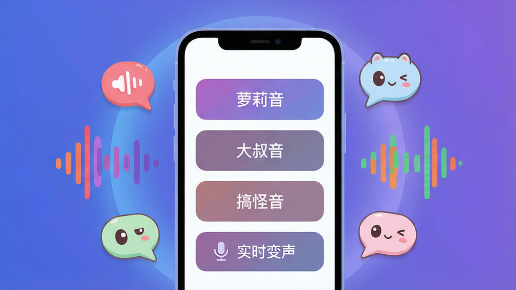 一张展示变声器语音包软件核心全貌的图片,画面主体是一部智能手机,屏幕亮起显示着变声器语音包的主界面,界面中清晰排列着“萝莉音”、“大叔音”、“搞怪音”、“实时变声”等分类按钮,手机周围环绕着各种彩色的声波图标和可爱的语音包气泡,布局采用居中构图,风格为现代扁平科技风,细节上手机边框圆润,背景有淡淡的蓝紫色渐变光晕,画质清晰干净,无多余元素。