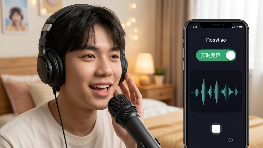 一张展示变声器语音包实时变声功能的图片,画面主体是一个年轻人戴着耳机对着手机麦克风说话,手机屏幕显示着变声器语音包正在运行的界面,有“实时变声”的开关按钮和跳动的声波波形图,布局为人物在左手机在右,风格为写实生活风,细节上人物表情轻松愉快,背景是温馨的卧室环境,画质清晰明亮,无多余元素。