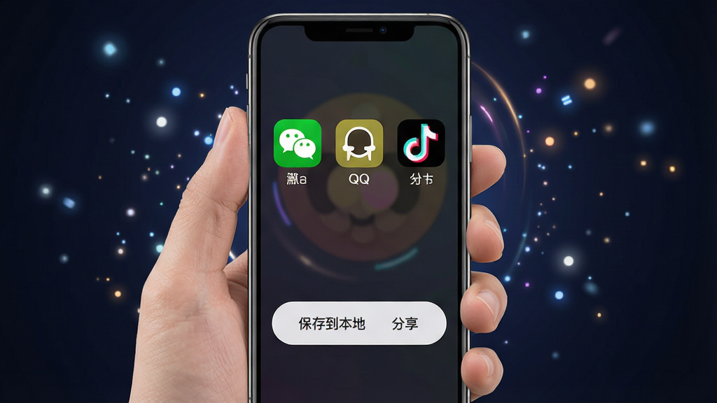 一张展示变声器语音包一键分享功能的图片,画面主体是一只手拿着手机,手机屏幕上显示着变声器语音包的分享界面,有微信、QQ、抖音等社交平台的图标,下方有“保存到本地”和“分享”两个大按钮,布局为居中展示,风格为现代社交风,细节上图标色彩鲜明,背景有轻微的动效光点,画质干净无多余元素。