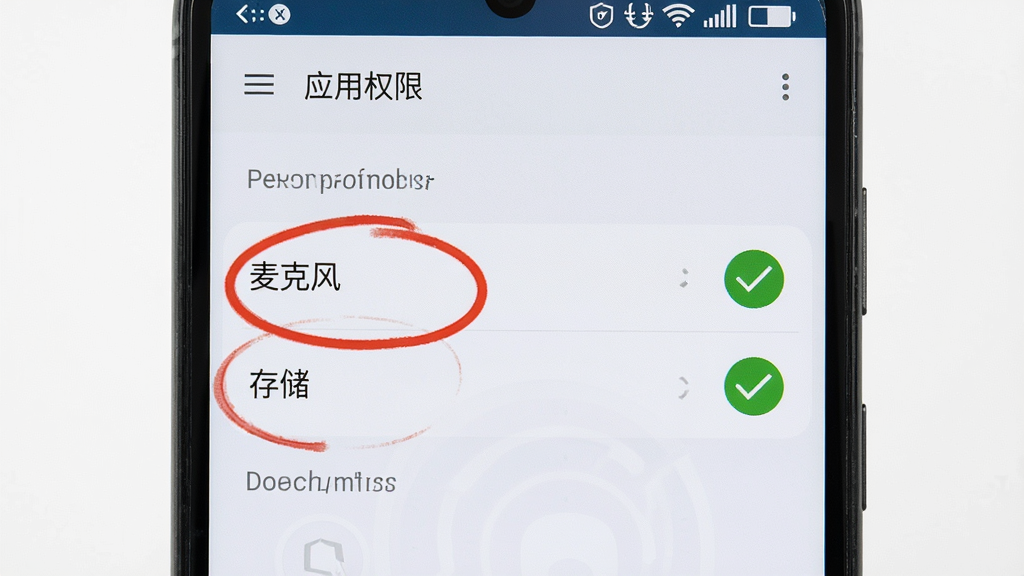 一张展示变声器语音包在手机上设置权限的图片,画面主体是一部安卓手机,屏幕显示着“应用权限”设置页面,其中“麦克风”和“存储”权限被高亮圈出,旁边有一个绿色的对勾图标,布局为手机界面截图风格,细节上文字清晰,背景干净,画质锐利,无多余元素。
